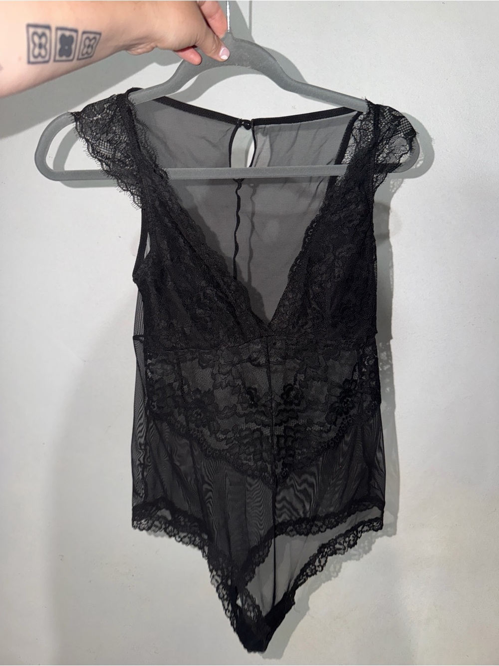 Black Lace Sheer V-Neck Bodysuit Chemise - Women Intimates